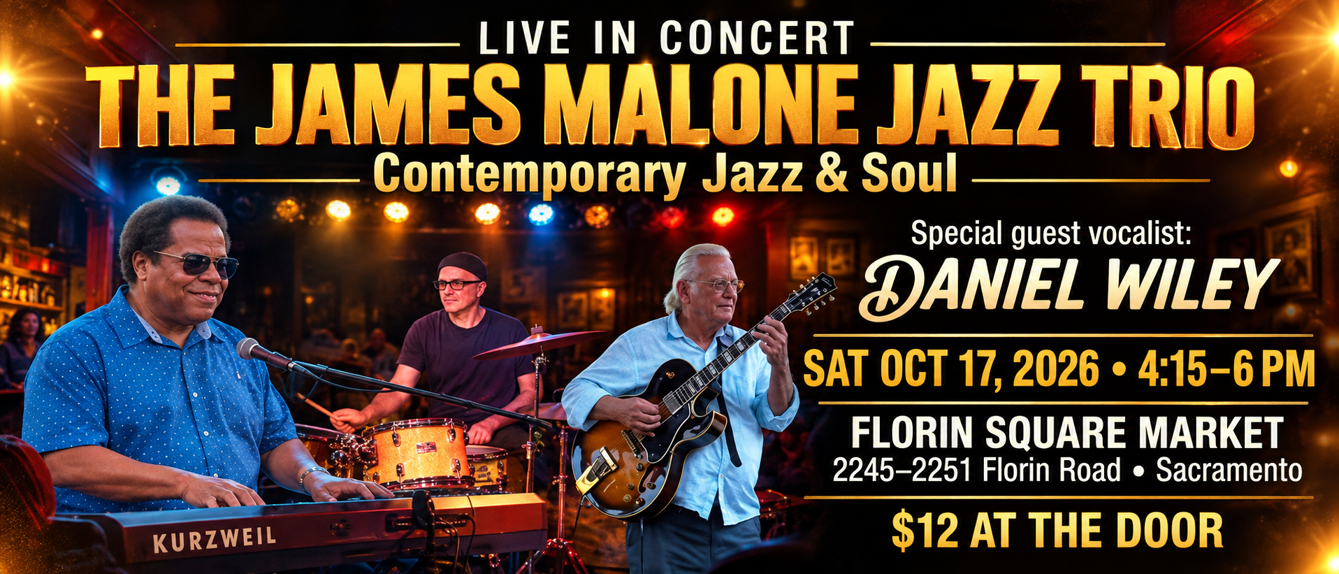 James Malone Jazz Trio live in concert with special guest vocalist Daniel Wiley. October 17, 2026, 4:15–6 PM, Florin Square Market, 2245–2251 Florin Road, Sacramento. $12 at the door.