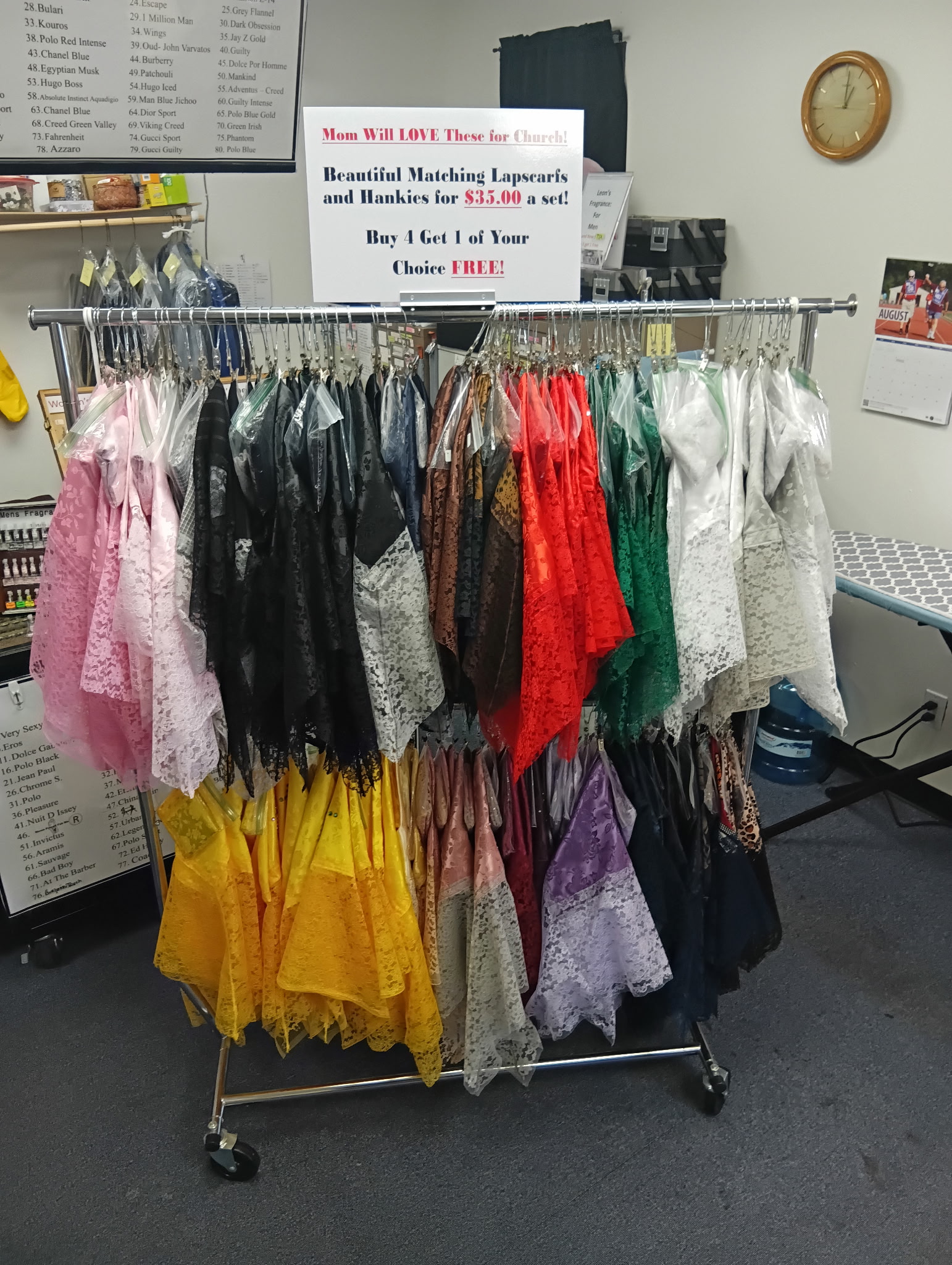 Colorful church lap scarves with matching hankies