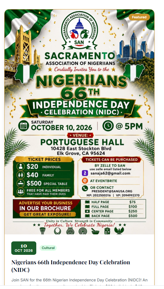 Sacramento Association of Nigerians flyer artwork with Sacramento landmarks, the SAN emblem, and Nigerians 66th Independence Day Celebration lettering