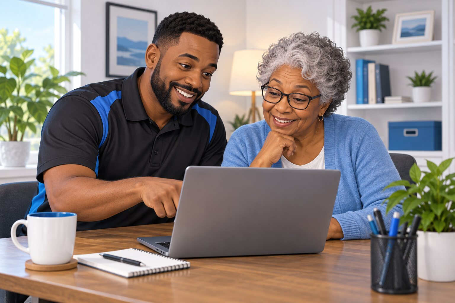 A friendly illustrated technician helping a customer with a laptop